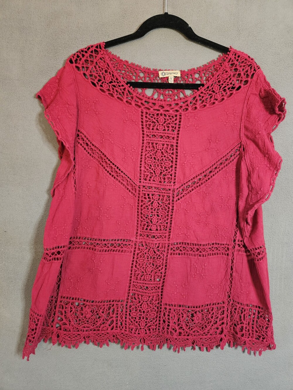 Democracy Womens Plus 1X Boho Shirt Maroon Crochet Embroidery Flounce Scoop